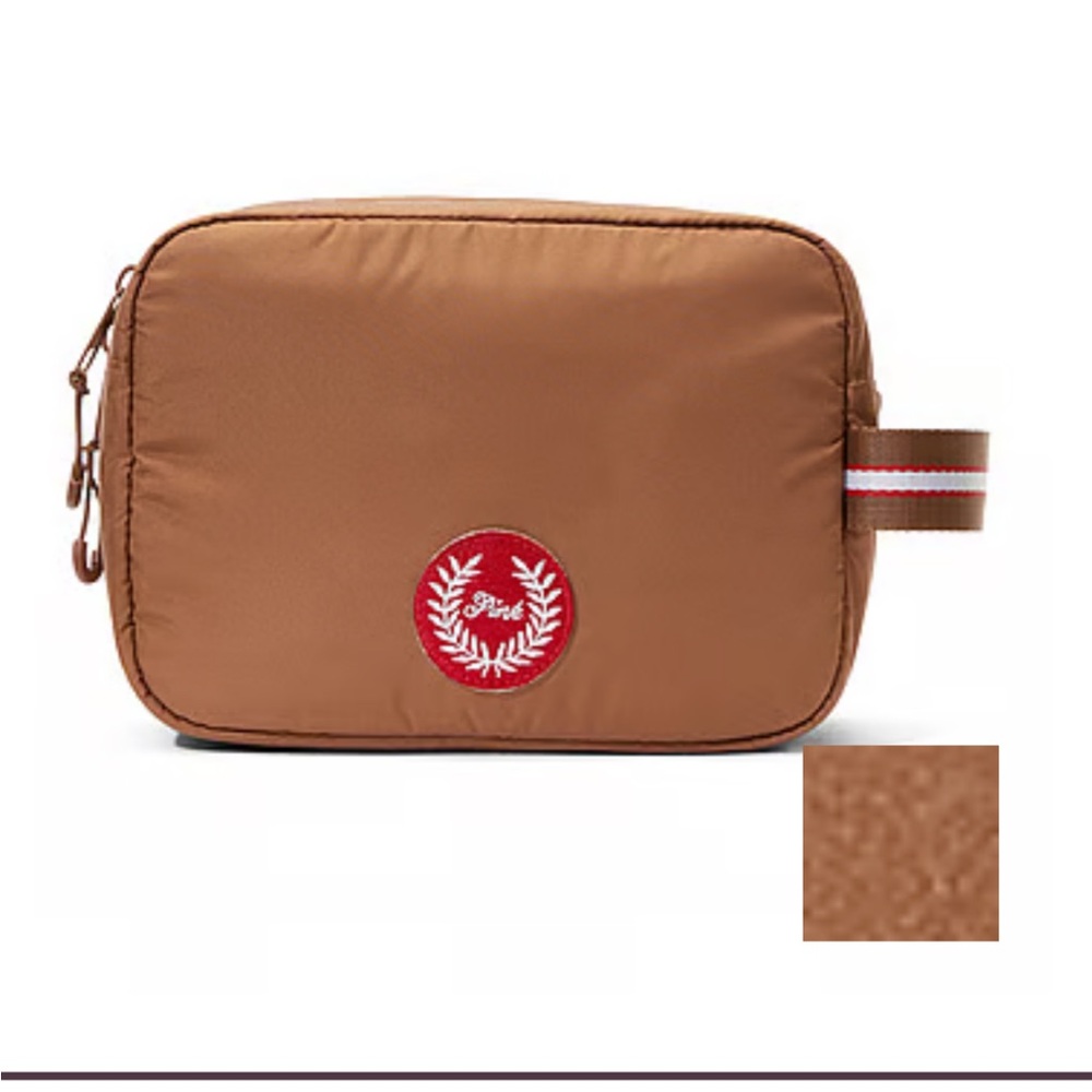 PINK Victoria's Secret Brown Toiletry Bag with Red Logo
